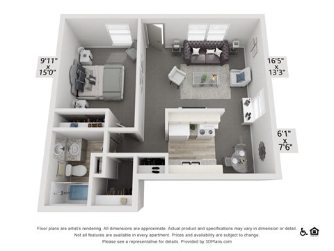 A floor plan of an apartment with a living room, kitchen, and bathroom.